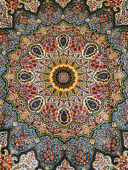 7x10 ft Silk Rug – Ivory, Soft Blue & Gold Ornate Medallion Area Rug, Elegant Floral Statement Design