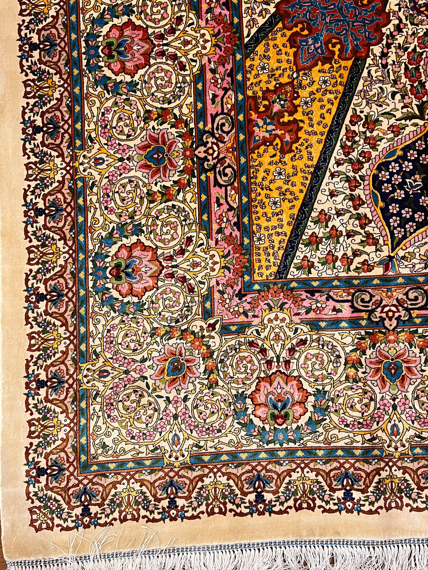 7x10 ft Silk Rug – Ivory, Soft Blue & Gold Ornate Medallion Area Rug, Elegant Floral Statement Design