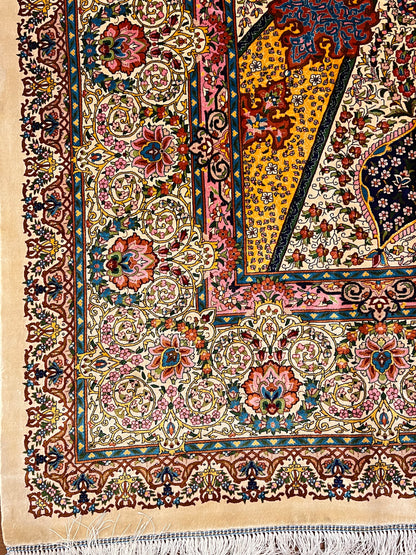 7x10 ft Silk Rug – Ivory, Soft Blue & Gold Ornate Medallion Area Rug, Elegant Floral Statement Design