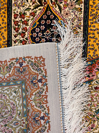 7x10 ft Silk Rug – Ivory, Soft Blue & Gold Ornate Medallion Area Rug, Elegant Floral Statement Design