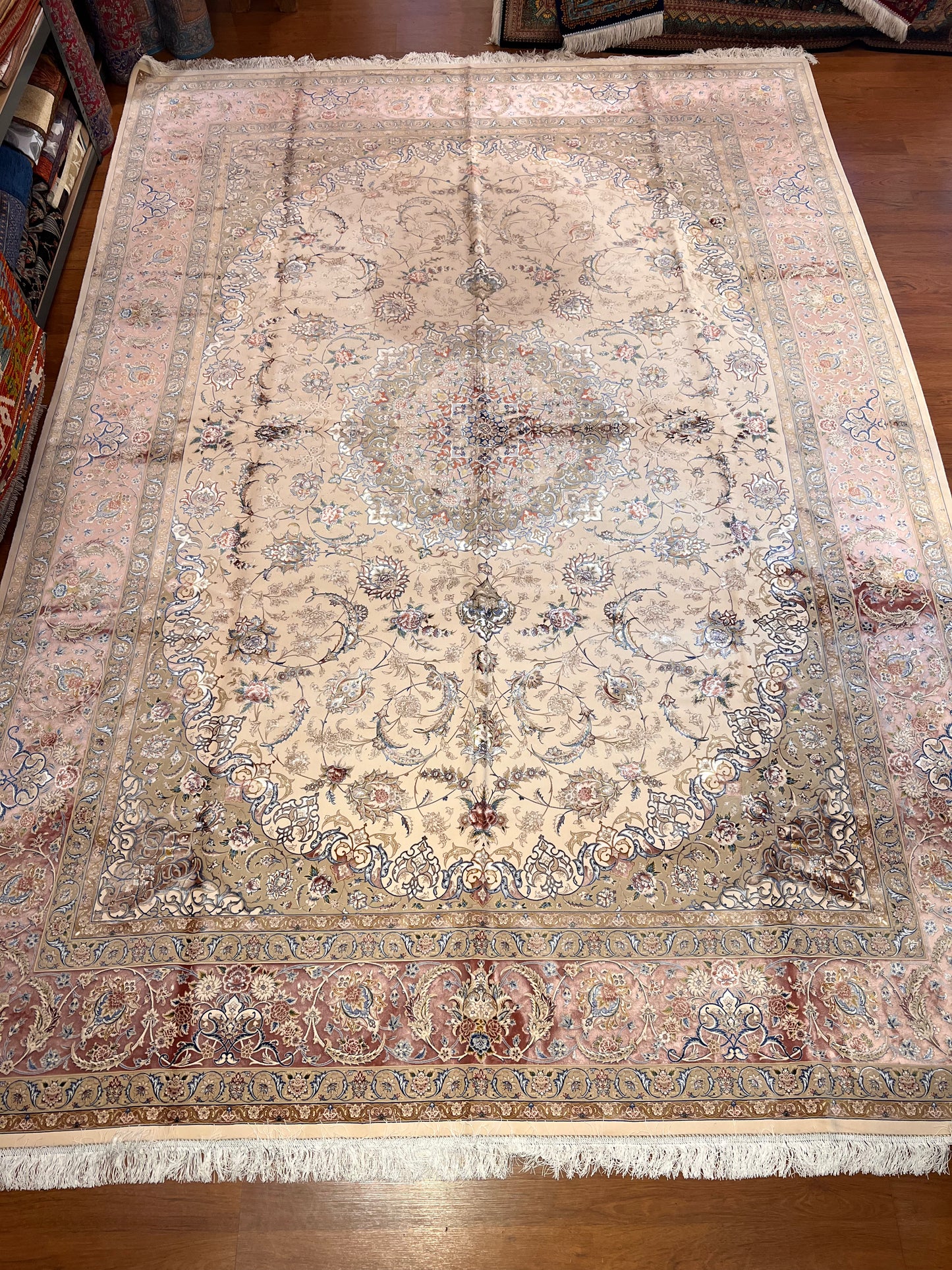 8×12 ft Silk Rug – Ivory, Blush Pink & Beige Medallion Area Rug, Luxury Floral Turkish Design, Extra Large Rug