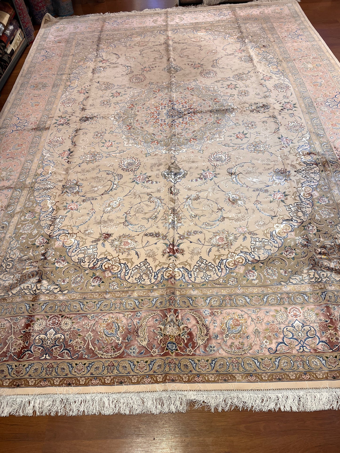 8×12 ft Silk Rug – Ivory, Blush Pink & Beige Medallion Area Rug, Luxury Floral Turkish Design, Extra Large Rug
