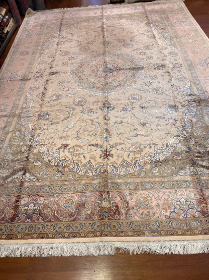8×12 ft Silk Rug – Ivory, Blush Pink & Beige Medallion Area Rug, Luxury Floral Turkish Design, Extra Large Rug