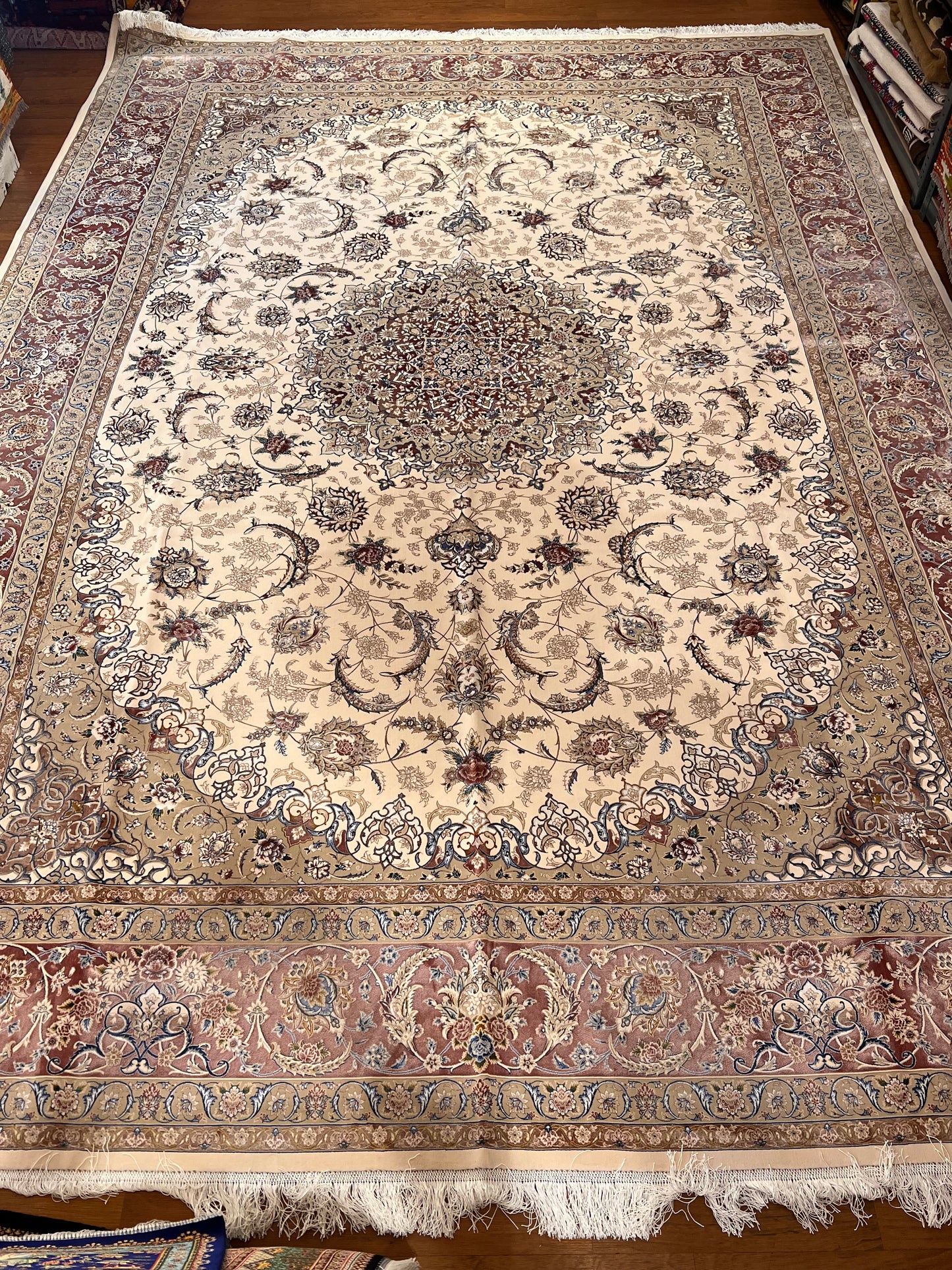 8×12 ft Silk Rug – Ivory, Blush Pink & Beige Medallion Area Rug, Luxury Floral Turkish Design, Extra Large Rug