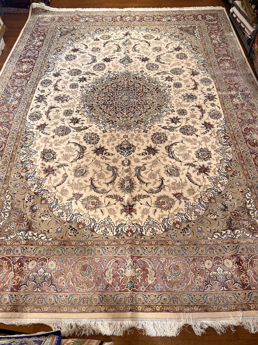 8×12 ft Silk Rug – Ivory, Blush Pink & Beige Medallion Area Rug, Luxury Floral Turkish Design, Extra Large Rug