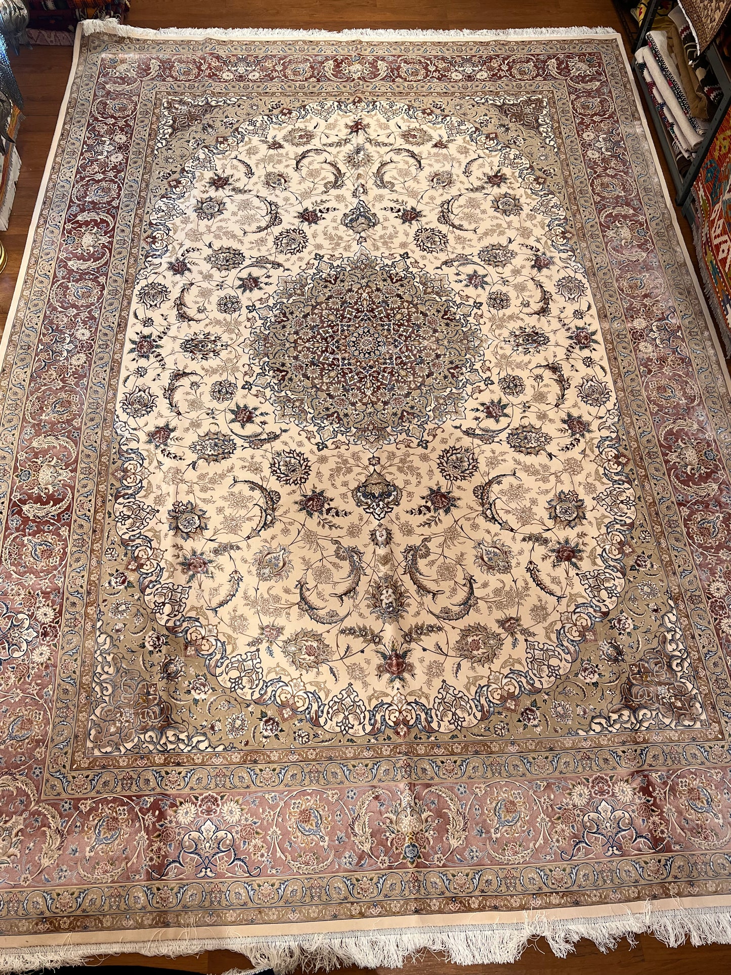 8×12 ft Silk Rug – Ivory, Blush Pink & Beige Medallion Area Rug, Luxury Floral Turkish Design, Extra Large Rug