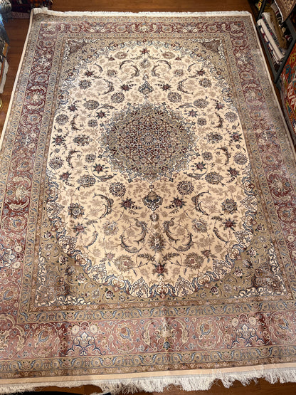 8×12 ft Silk Rug – Ivory, Blush Pink & Beige Medallion Area Rug, Luxury Floral Turkish Design, Extra Large Rug