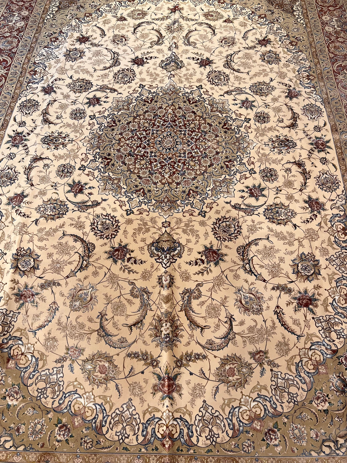 8×12 ft Silk Rug – Ivory, Blush Pink & Beige Medallion Area Rug, Luxury Floral Turkish Design, Extra Large Rug