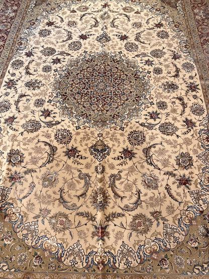 8×12 ft Silk Rug – Ivory, Blush Pink & Beige Medallion Area Rug, Luxury Floral Turkish Design, Extra Large Rug