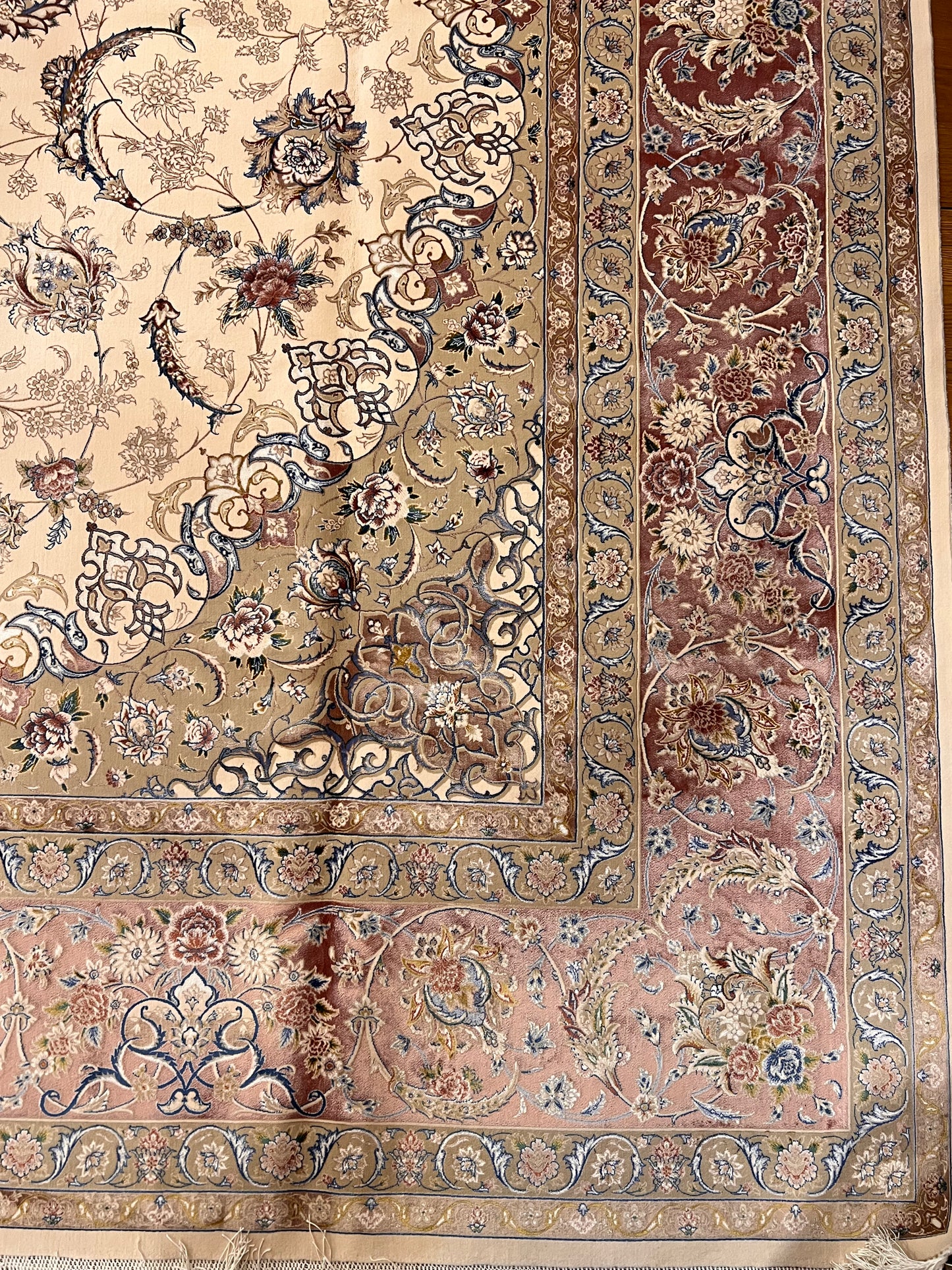 8×12 ft Silk Rug – Ivory, Blush Pink & Beige Medallion Area Rug, Luxury Floral Turkish Design, Extra Large Rug
