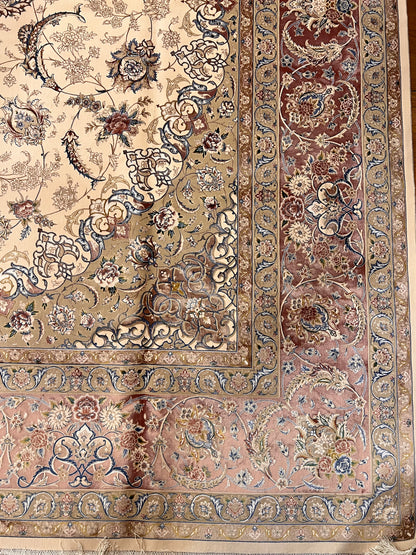 8×12 ft Silk Rug – Ivory, Blush Pink & Beige Medallion Area Rug, Luxury Floral Turkish Design, Extra Large Rug