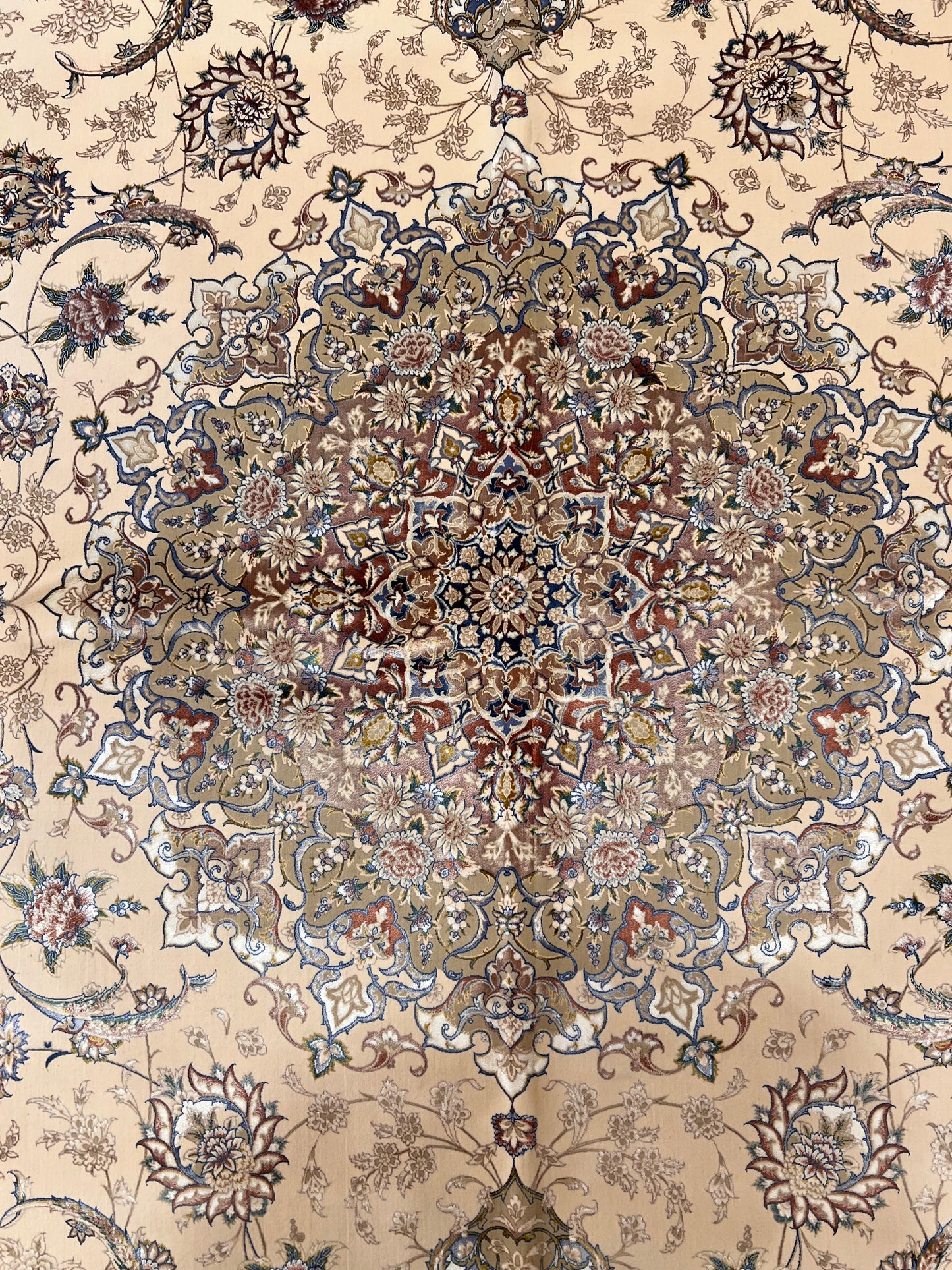 8×12 ft Silk Rug – Ivory, Blush Pink & Beige Medallion Area Rug, Luxury Floral Turkish Design, Extra Large Rug