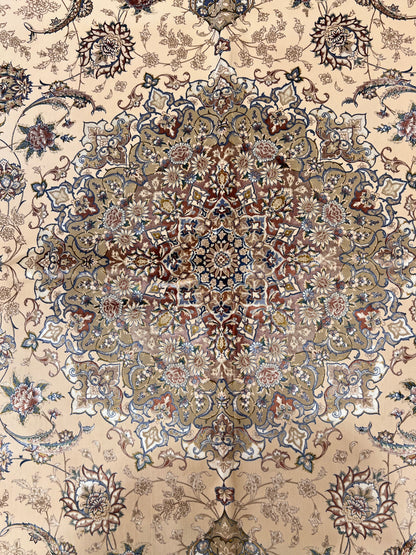 8×12 ft Silk Rug – Ivory, Blush Pink & Beige Medallion Area Rug, Luxury Floral Turkish Design, Extra Large Rug