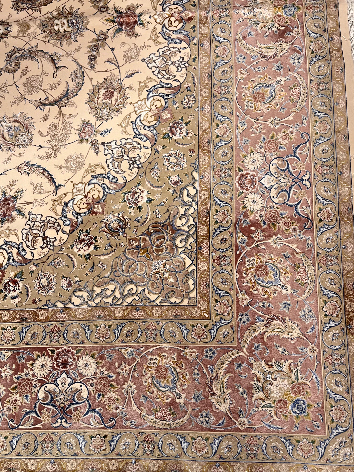 8×12 ft Silk Rug – Ivory, Blush Pink & Beige Medallion Area Rug, Luxury Floral Turkish Design, Extra Large Rug
