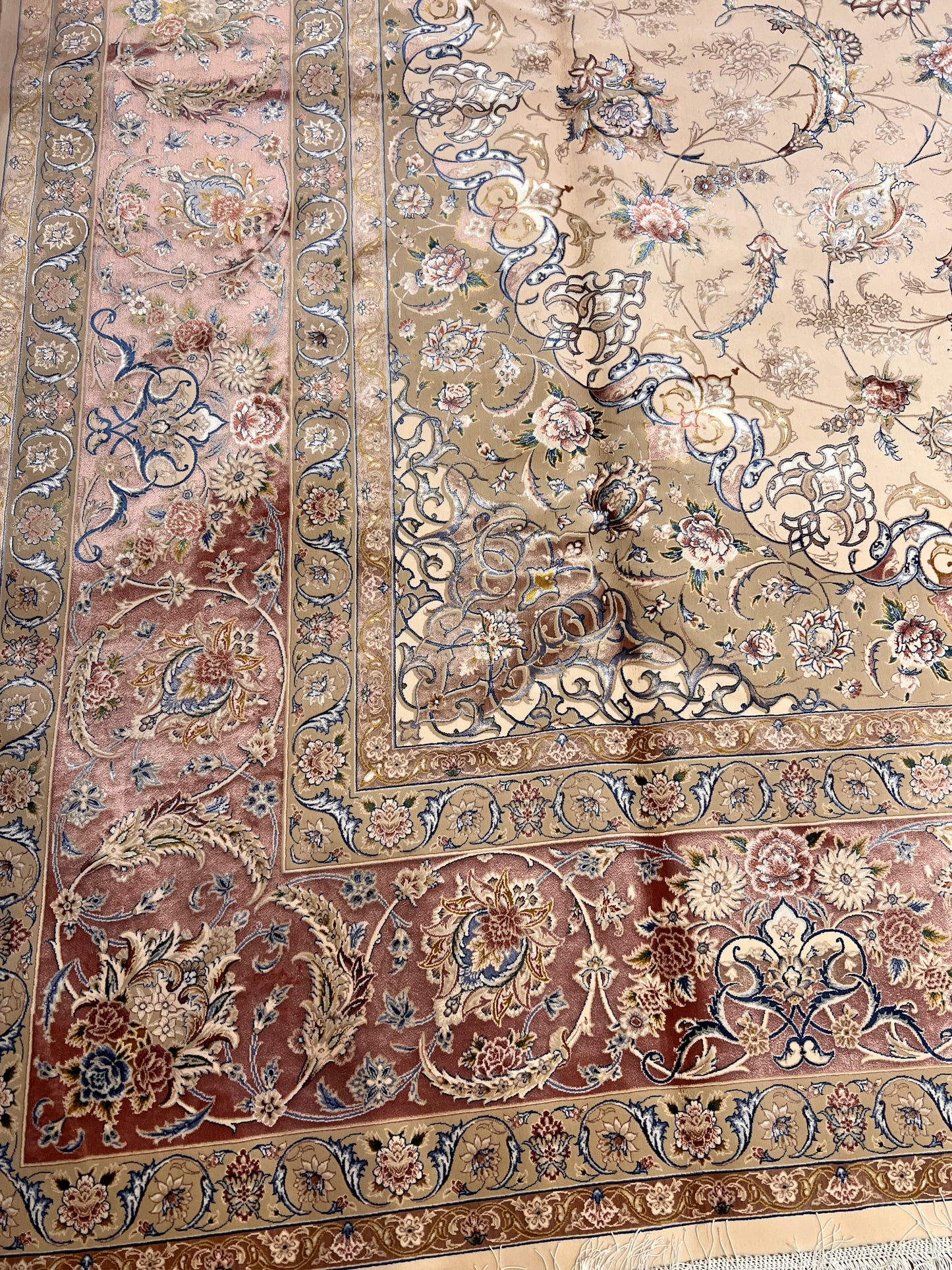 8×12 ft Silk Rug – Ivory, Blush Pink & Beige Medallion Area Rug, Luxury Floral Turkish Design, Extra Large Rug