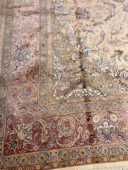 8×12 ft Silk Rug – Ivory, Blush Pink & Beige Medallion Area Rug, Luxury Floral Turkish Design, Extra Large Rug