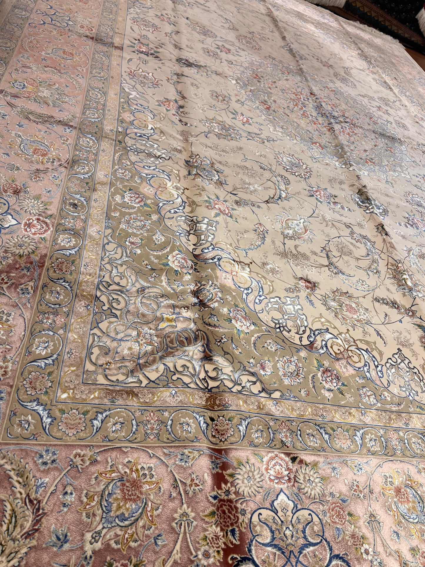 8×12 ft Silk Rug – Ivory, Blush Pink & Beige Medallion Area Rug, Luxury Floral Turkish Design, Extra Large Rug