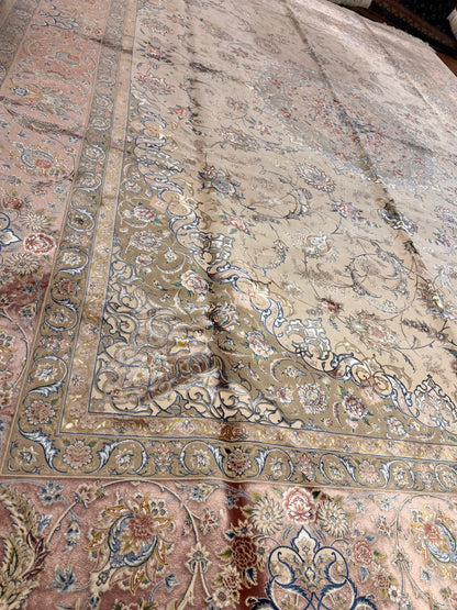 8×12 ft Silk Rug – Ivory, Blush Pink & Beige Medallion Area Rug, Luxury Floral Turkish Design, Extra Large Rug