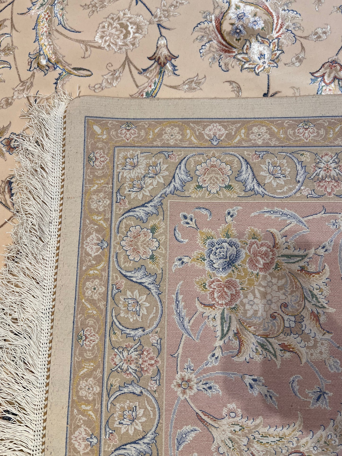 8×12 ft Silk Rug – Ivory, Blush Pink & Beige Medallion Area Rug, Luxury Floral Turkish Design, Extra Large Rug