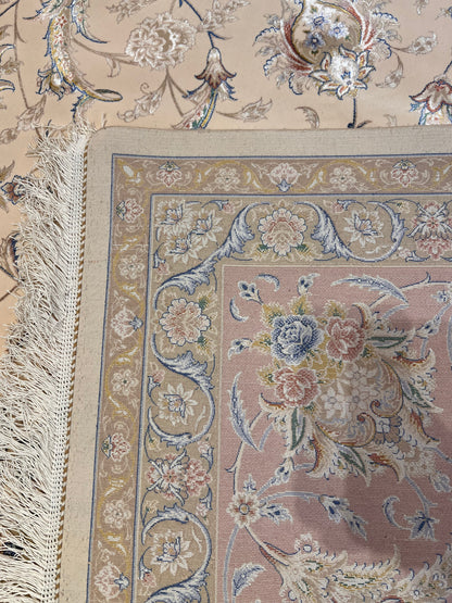 8×12 ft Silk Rug – Ivory, Blush Pink & Beige Medallion Area Rug, Luxury Floral Turkish Design, Extra Large Rug