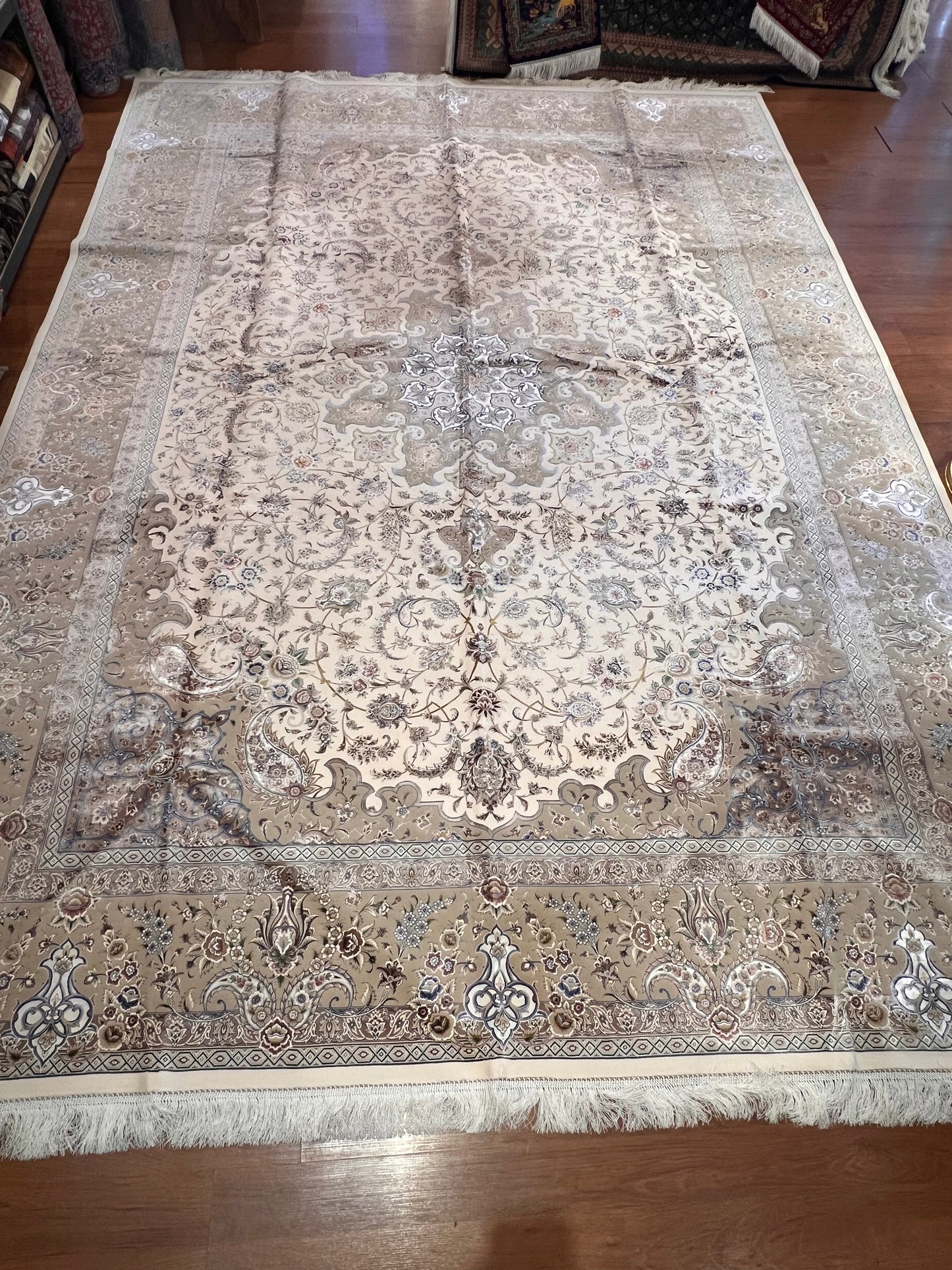 8×12 ft Silk Rug – Ivory, Beige & Taupe Medallion Area Rug, Luxury Neutral Floral Turkish Design, Extra Large Rug