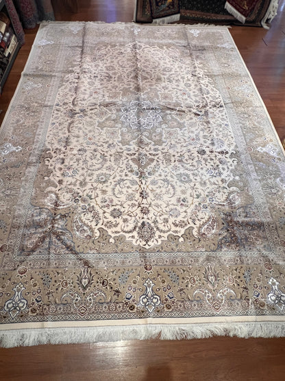 8×12 ft Silk Rug – Ivory, Beige & Taupe Medallion Area Rug, Luxury Neutral Floral Turkish Design, Extra Large Rug