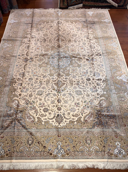 8×12 ft Silk Rug – Ivory, Beige & Taupe Medallion Area Rug, Luxury Neutral Floral Turkish Design, Extra Large Rug