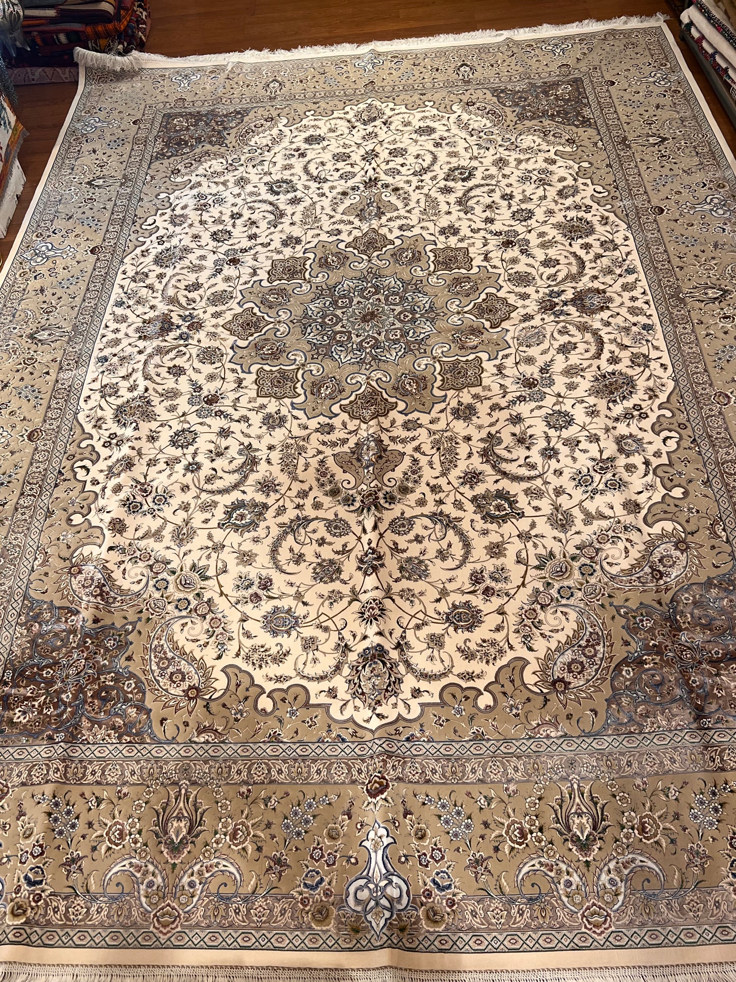 8×12 ft Silk Rug – Ivory, Beige & Taupe Medallion Area Rug, Luxury Neutral Floral Turkish Design, Extra Large Rug