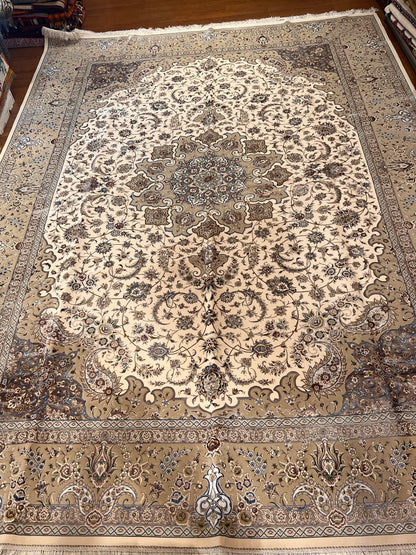 8×12 ft Silk Rug – Ivory, Beige & Taupe Medallion Area Rug, Luxury Neutral Floral Turkish Design, Extra Large Rug
