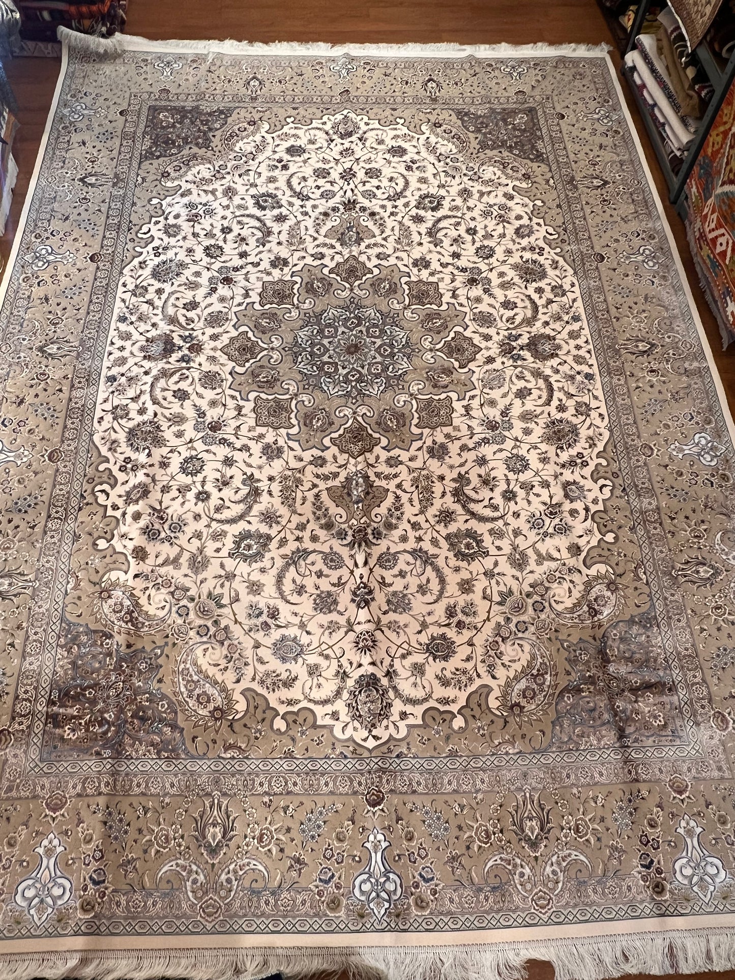 8×12 ft Silk Rug – Ivory, Beige & Taupe Medallion Area Rug, Luxury Neutral Floral Turkish Design, Extra Large Rug