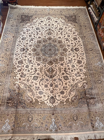 8×12 ft Silk Rug – Ivory, Beige & Taupe Medallion Area Rug, Luxury Neutral Floral Turkish Design, Extra Large Rug