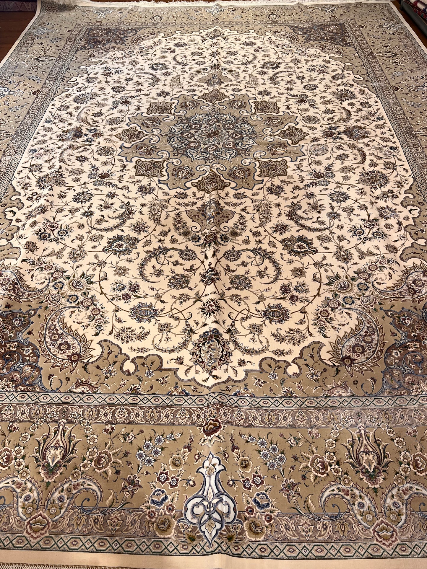 8×12 ft Silk Rug – Ivory, Beige & Taupe Medallion Area Rug, Luxury Neutral Floral Turkish Design, Extra Large Rug