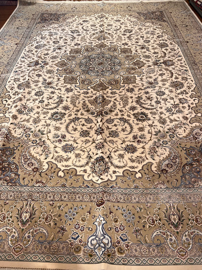 8×12 ft Silk Rug – Ivory, Beige & Taupe Medallion Area Rug, Luxury Neutral Floral Turkish Design, Extra Large Rug