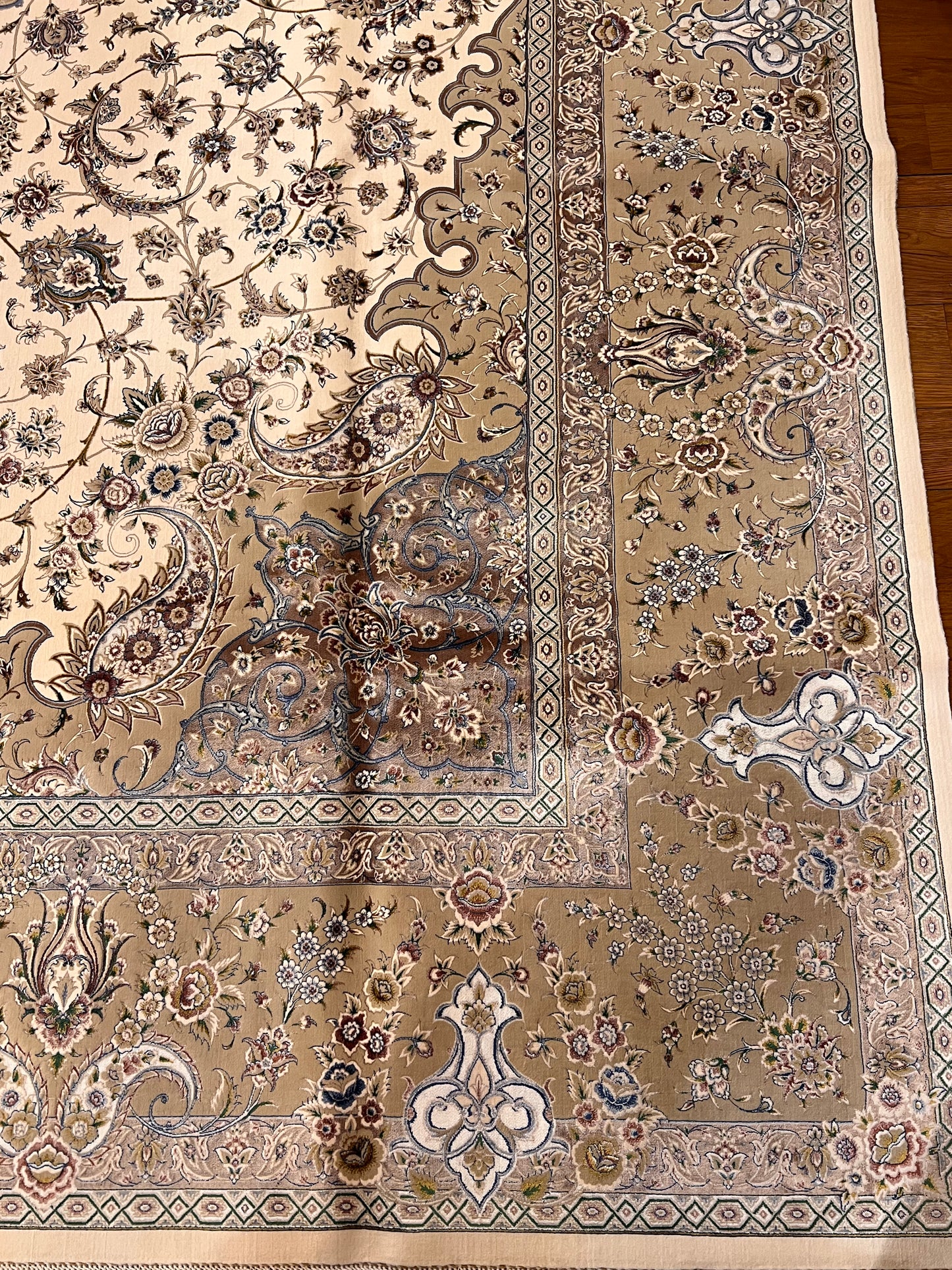 8×12 ft Silk Rug – Ivory, Beige & Taupe Medallion Area Rug, Luxury Neutral Floral Turkish Design, Extra Large Rug