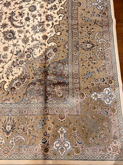 8×12 ft Silk Rug – Ivory, Beige & Taupe Medallion Area Rug, Luxury Neutral Floral Turkish Design, Extra Large Rug