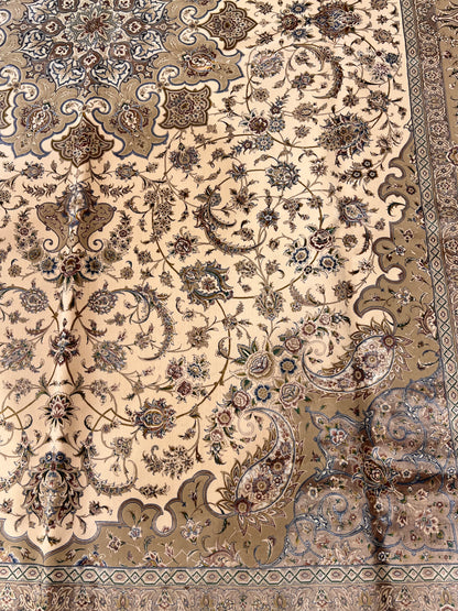 8×12 ft Silk Rug – Ivory, Beige & Taupe Medallion Area Rug, Luxury Neutral Floral Turkish Design, Extra Large Rug