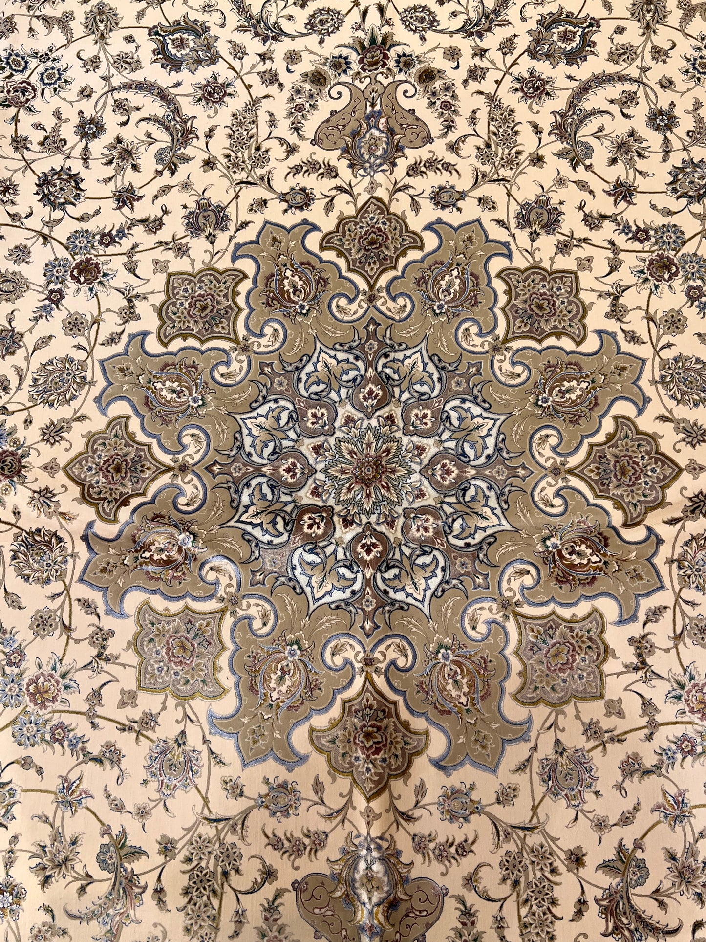 8×12 ft Silk Rug – Ivory, Beige & Taupe Medallion Area Rug, Luxury Neutral Floral Turkish Design, Extra Large Rug