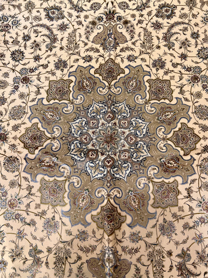8×12 ft Silk Rug – Ivory, Beige & Taupe Medallion Area Rug, Luxury Neutral Floral Turkish Design, Extra Large Rug