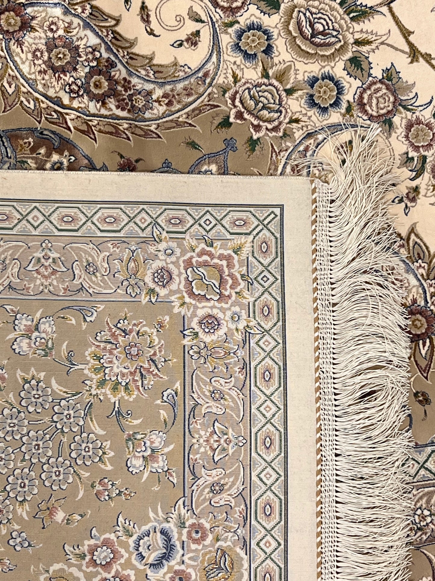 8×12 ft Silk Rug – Ivory, Beige & Taupe Medallion Area Rug, Luxury Neutral Floral Turkish Design, Extra Large Rug