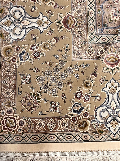 8×12 ft Silk Rug – Ivory, Beige & Taupe Medallion Area Rug, Luxury Neutral Floral Turkish Design, Extra Large Rug