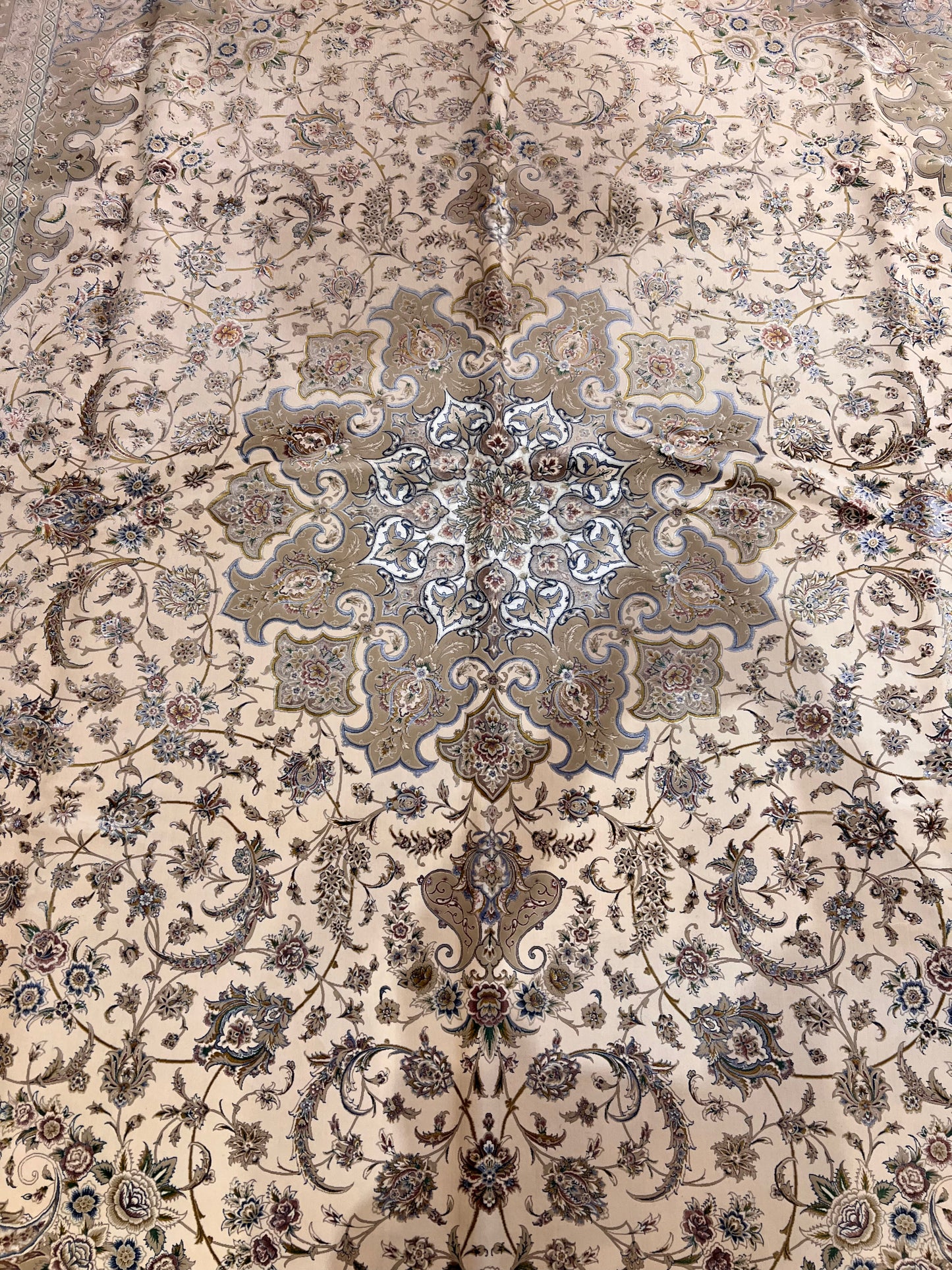 8×12 ft Silk Rug – Ivory, Beige & Taupe Medallion Area Rug, Luxury Neutral Floral Turkish Design, Extra Large Rug