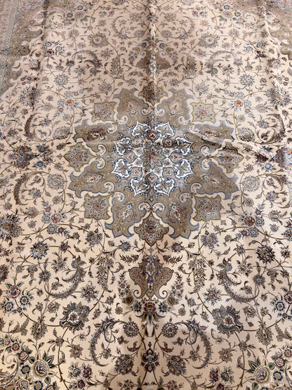 8×12 ft Silk Rug – Ivory, Beige & Taupe Medallion Area Rug, Luxury Neutral Floral Turkish Design, Extra Large Rug