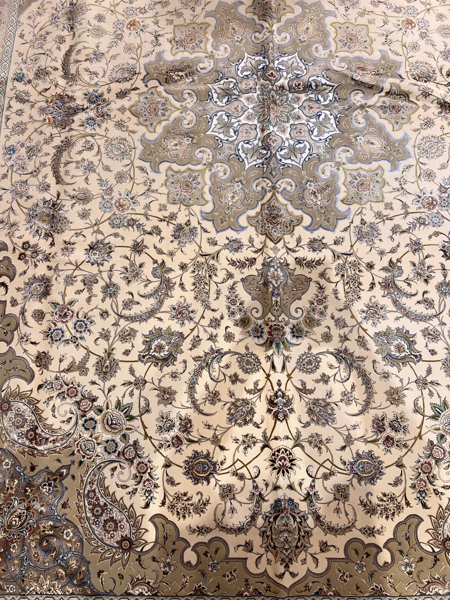 8×12 ft Silk Rug – Ivory, Beige & Taupe Medallion Area Rug, Luxury Neutral Floral Turkish Design, Extra Large Rug