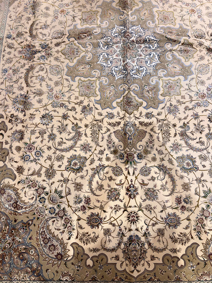 8×12 ft Silk Rug – Ivory, Beige & Taupe Medallion Area Rug, Luxury Neutral Floral Turkish Design, Extra Large Rug
