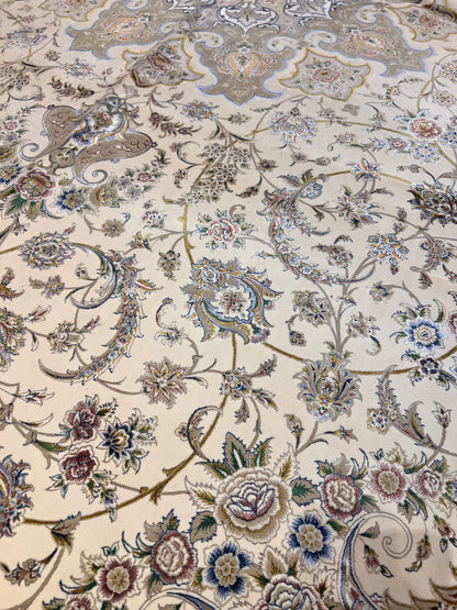 8×12 ft Silk Rug – Ivory, Beige & Taupe Medallion Area Rug, Luxury Neutral Floral Turkish Design, Extra Large Rug