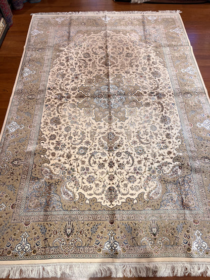 7×10 ft Silk Rug – Ivory & Beige Medallion Area Rug, Elegant Neutral Floral Turkish Design, Luxury Large Rug