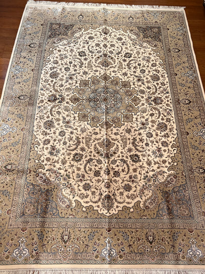 7×10 ft Silk Rug – Ivory & Beige Medallion Area Rug, Elegant Neutral Floral Turkish Design, Luxury Large Rug