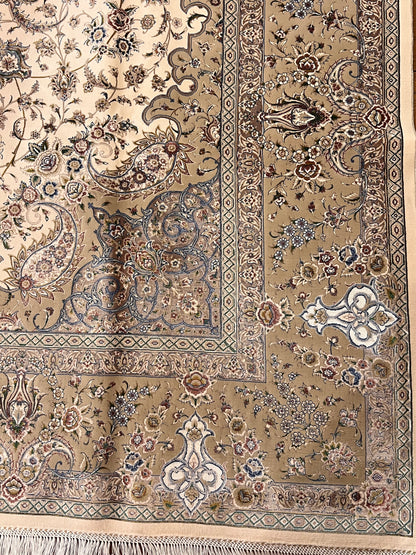 7×10 ft Silk Rug – Ivory & Beige Medallion Area Rug, Elegant Neutral Floral Turkish Design, Luxury Large Rug