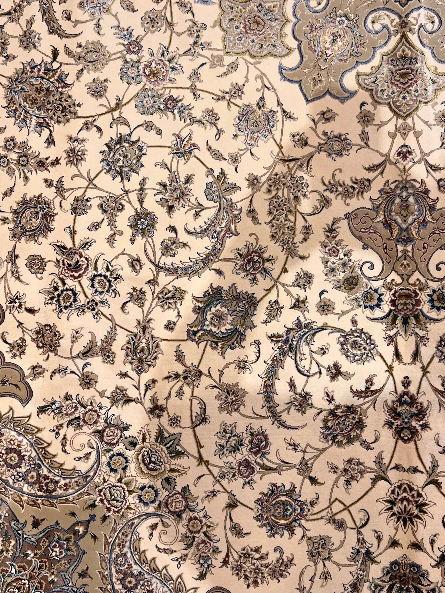 7×10 ft Silk Rug – Ivory & Beige Medallion Area Rug, Elegant Neutral Floral Turkish Design, Luxury Large Rug