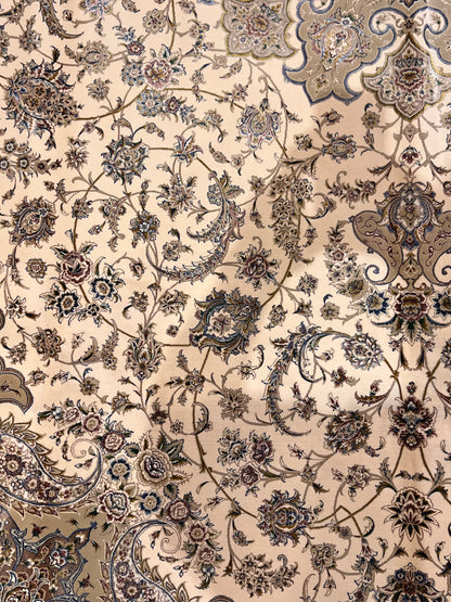 7×10 ft Silk Rug – Ivory & Beige Medallion Area Rug, Elegant Neutral Floral Turkish Design, Luxury Large Rug
